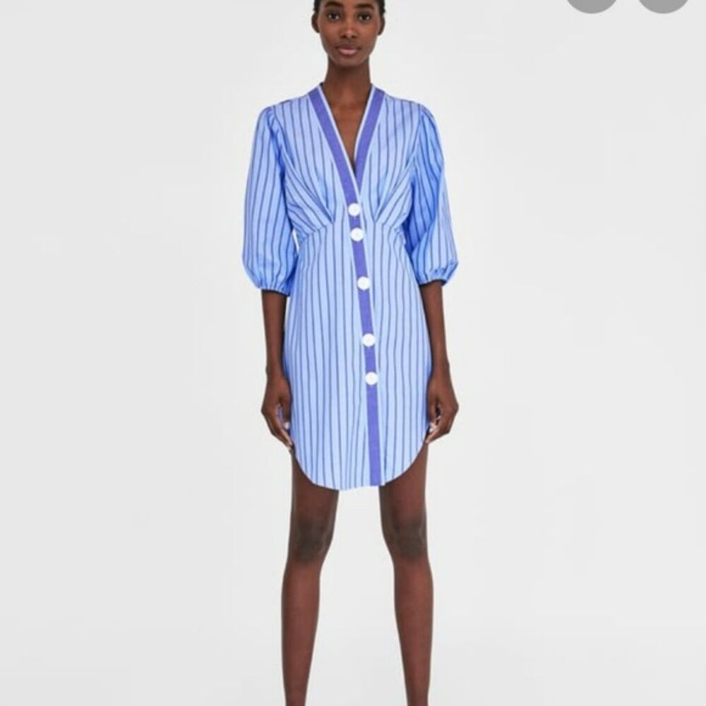 Zara Dress Women's Size Small Blue Striped Mini Preppy White Lotus Shirt Tunic